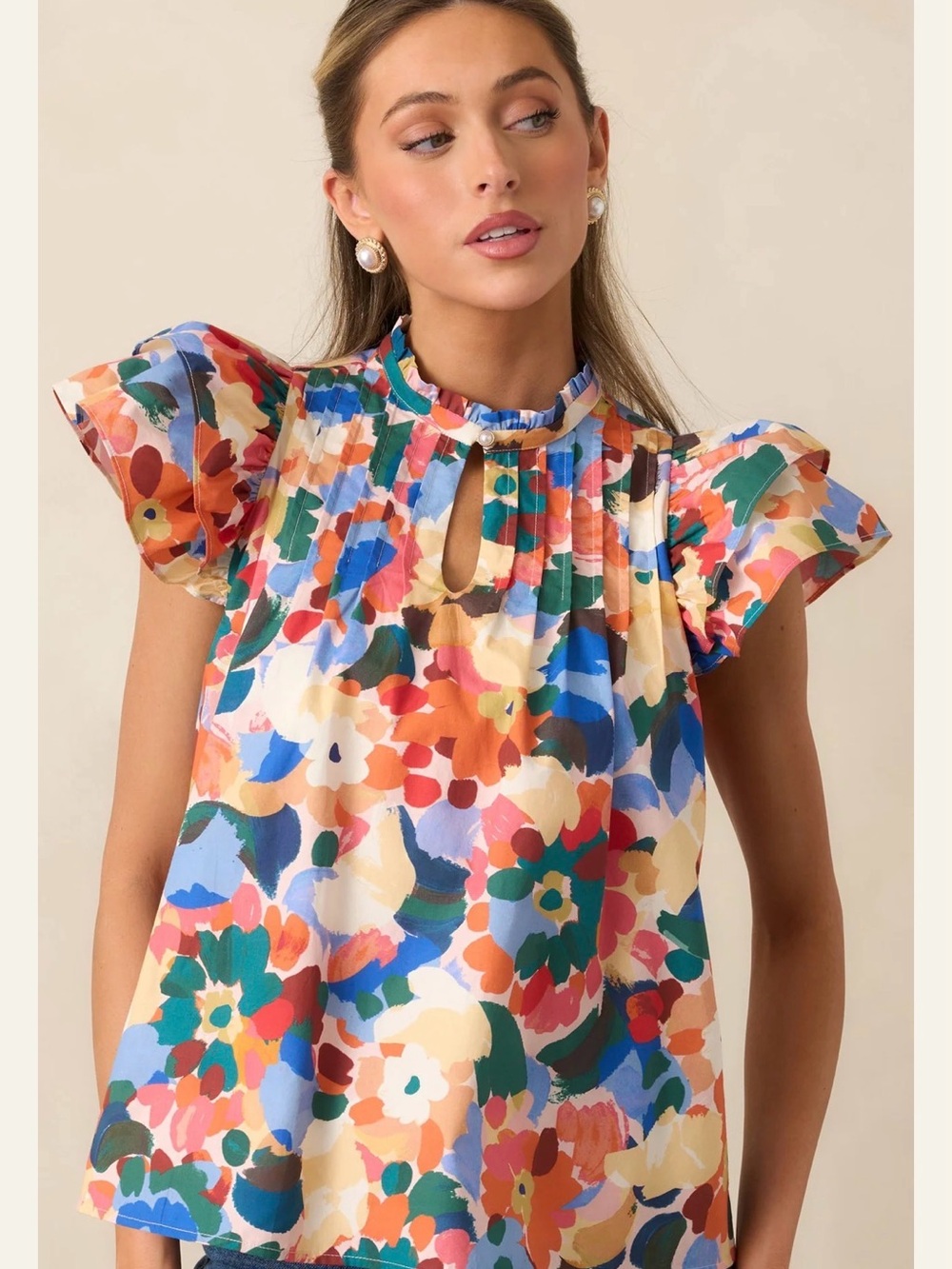 Prosperina Floral Keyhole Ruffle Sleeve Top - Multicolor Size XS NWT
